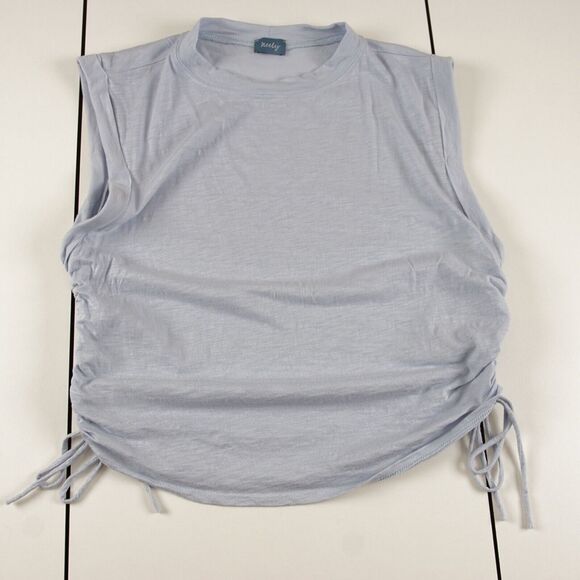 Neely Ruched Side Tie Muscle Knit Tank Top Womens Blue Cotton Modal Shirt Sz M - Picture 1 of 8